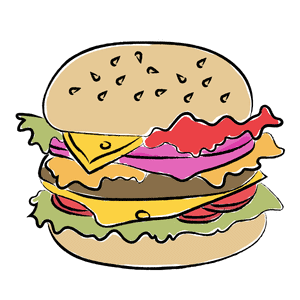 Close-up of a gourmet burger with cheese, bacon, and fresh vegetables.