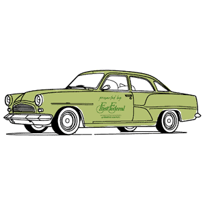 Classic vintage car with Corks and Kegs Festival logo in green.