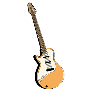 Electric guitar leaning against a beer bottle at Corks and Kegs Festival.