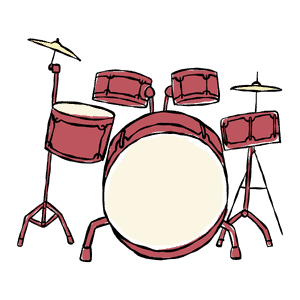 Red drum set with cymbals at Corks and Kegs Festival in Cork, Ireland.