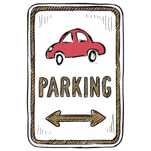 Vintage-style parking sign with car icon and arrows at Corks and Kegs Festival.
