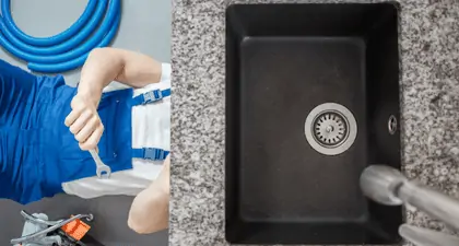 High-quality black kitchen sink with modern design, featuring a durable stainless steel drain and granite countertop, perfect for residential plumbing and kitchen remodeling projects.