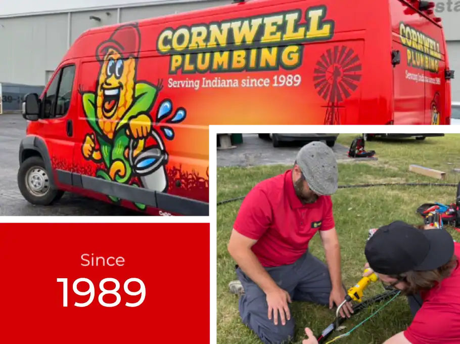 Cornwell Plumbing service vehicle with company logo, serving Indiana since 1989, featuring professional plumbers performing onsite plumbing repairs.