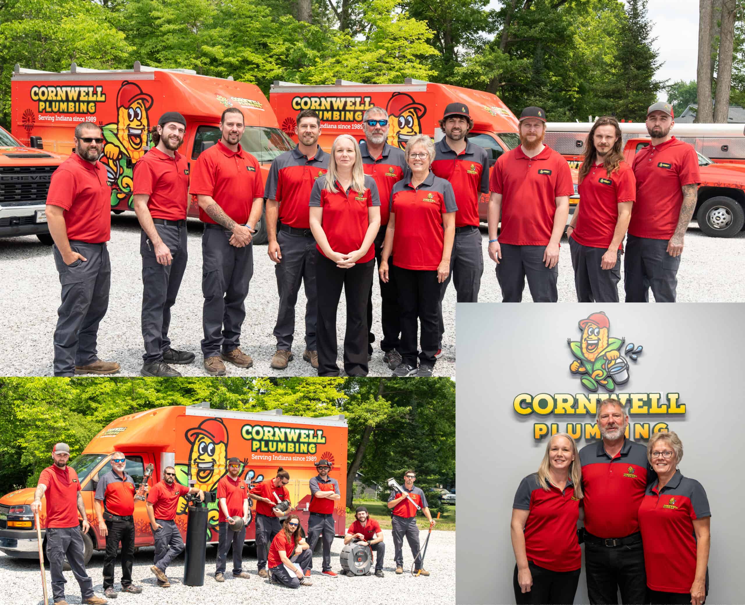 Cornwell Plumbing team with service trucks, demonstrating professional plumbing services in Indiana.