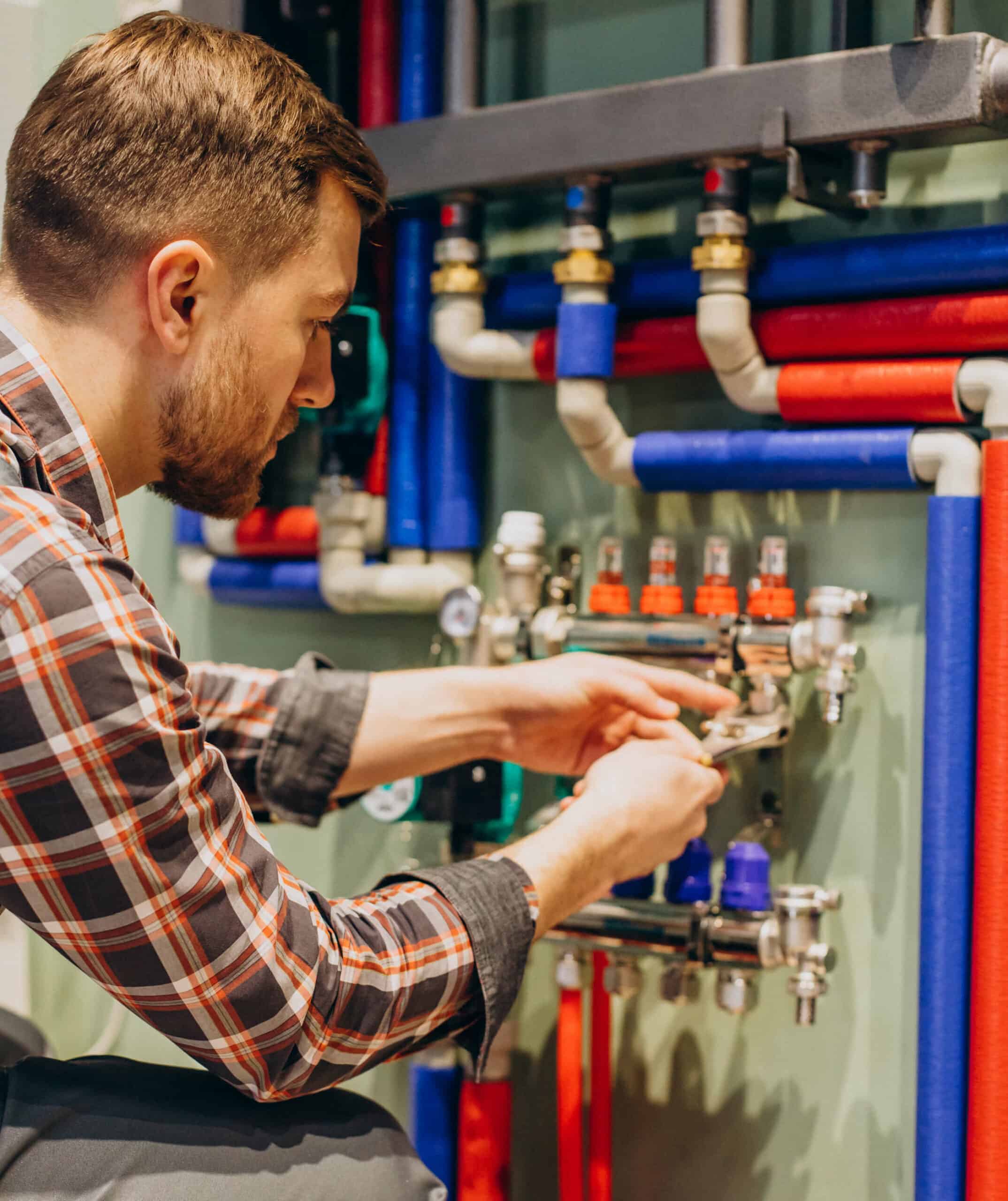 Professional plumber inspecting and repairing plumbing pipes in a residential or commercial setting, ensuring efficient water flow and leak prevention.