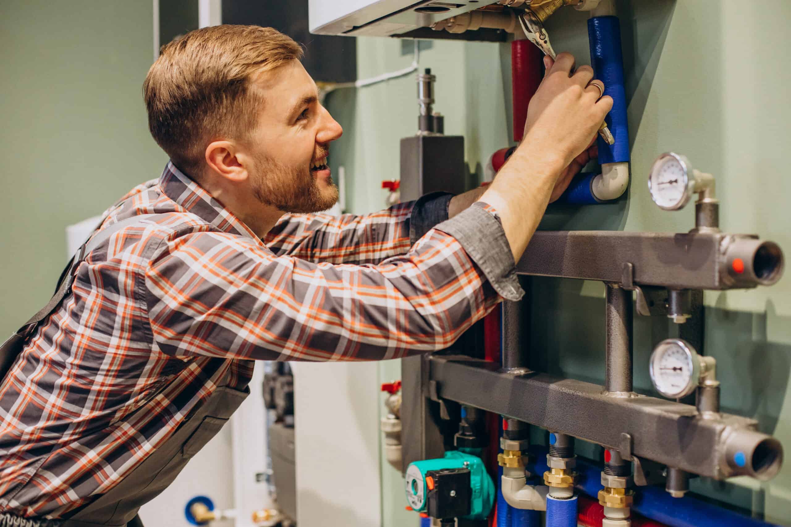 Professional plumbing technician repairing and inspecting plumbing pipes and gauges in a residential or commercial setting. Skilled in pipe fittings, leak detection, and plumbing system maintenance.