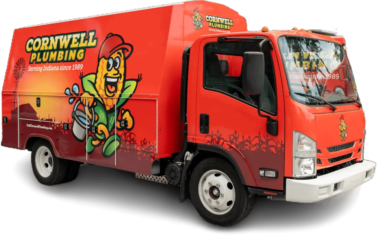 Cornwell Plumbing service truck with colorful branding and mascot in Indiana, offering professional plumbing repair and maintenance solutions.