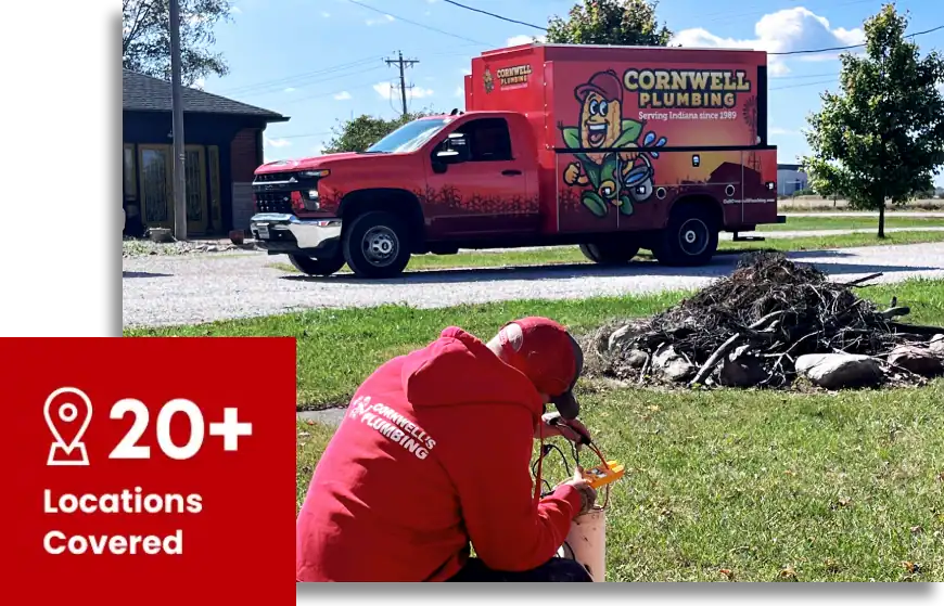 Cornwell Plumbing service truck with mascot, local plumber inspecting equipment, and coverage visuals.
