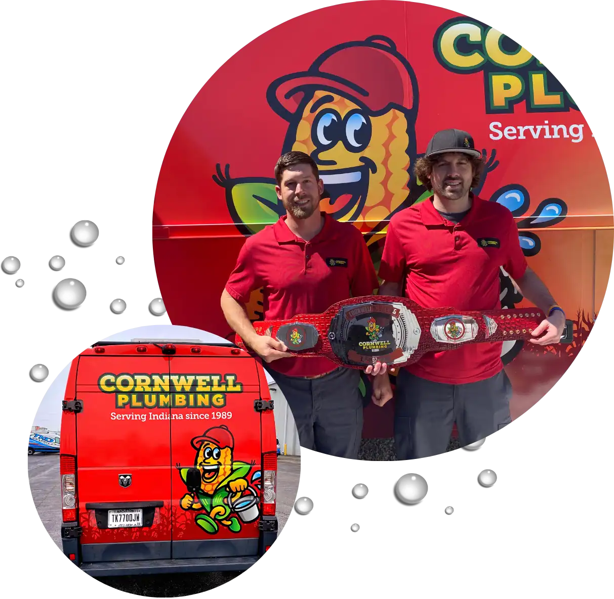 Charming plumbers holding a championship belt in front of Cornwell Plumbing promotional backdrop, showcasing professional plumbing services.