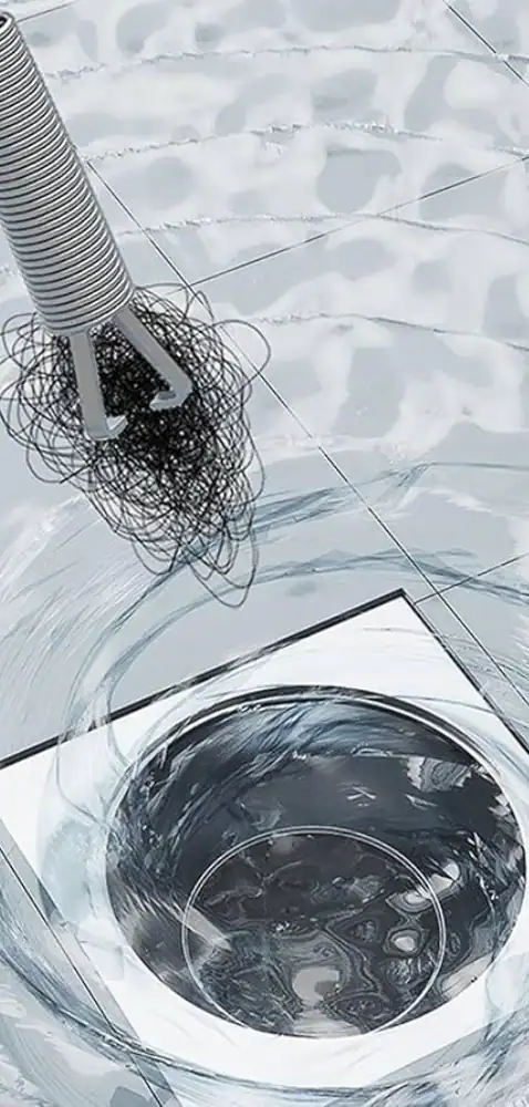 Clogged drain with hair causing blockage, plumbing repair issue, home plumbing problem, plumbing maintenance, drain cleaning service.