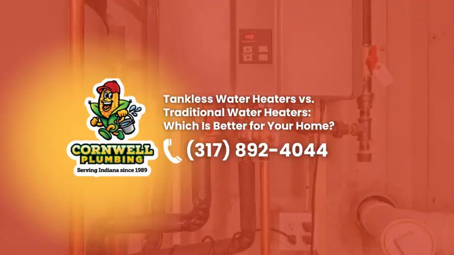 Tankless water heaters vs traditional water heaters for home efficiency and savings, featuring Cornwell Plumbing's expert installation and repair services in Indiana.