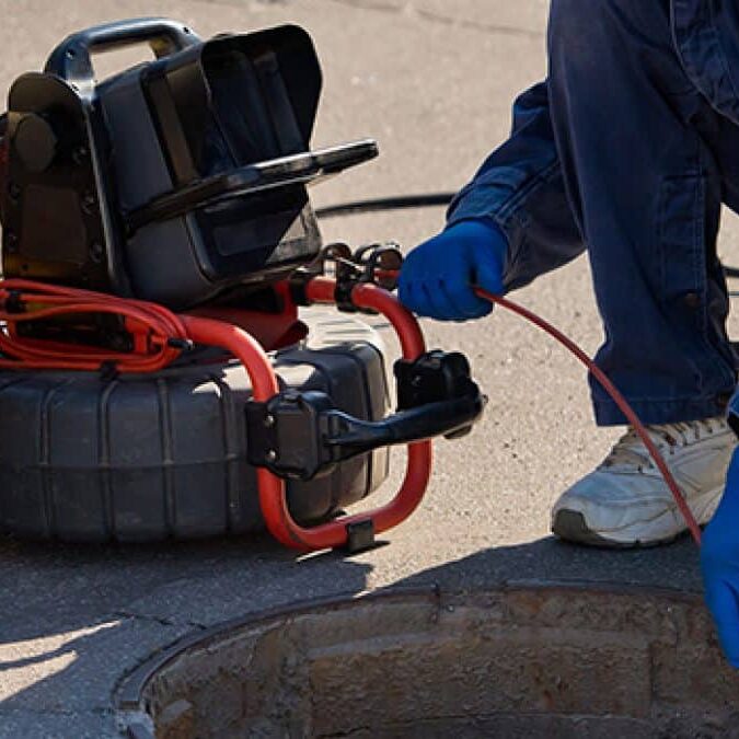 Troubleshooting sewer line with specialized plumbing equipment, plumber wearing blue gloves working on underground pipe repair, emergency drain cleaning service, professional plumbing repair services, Cornwell Plumbing expert team.
