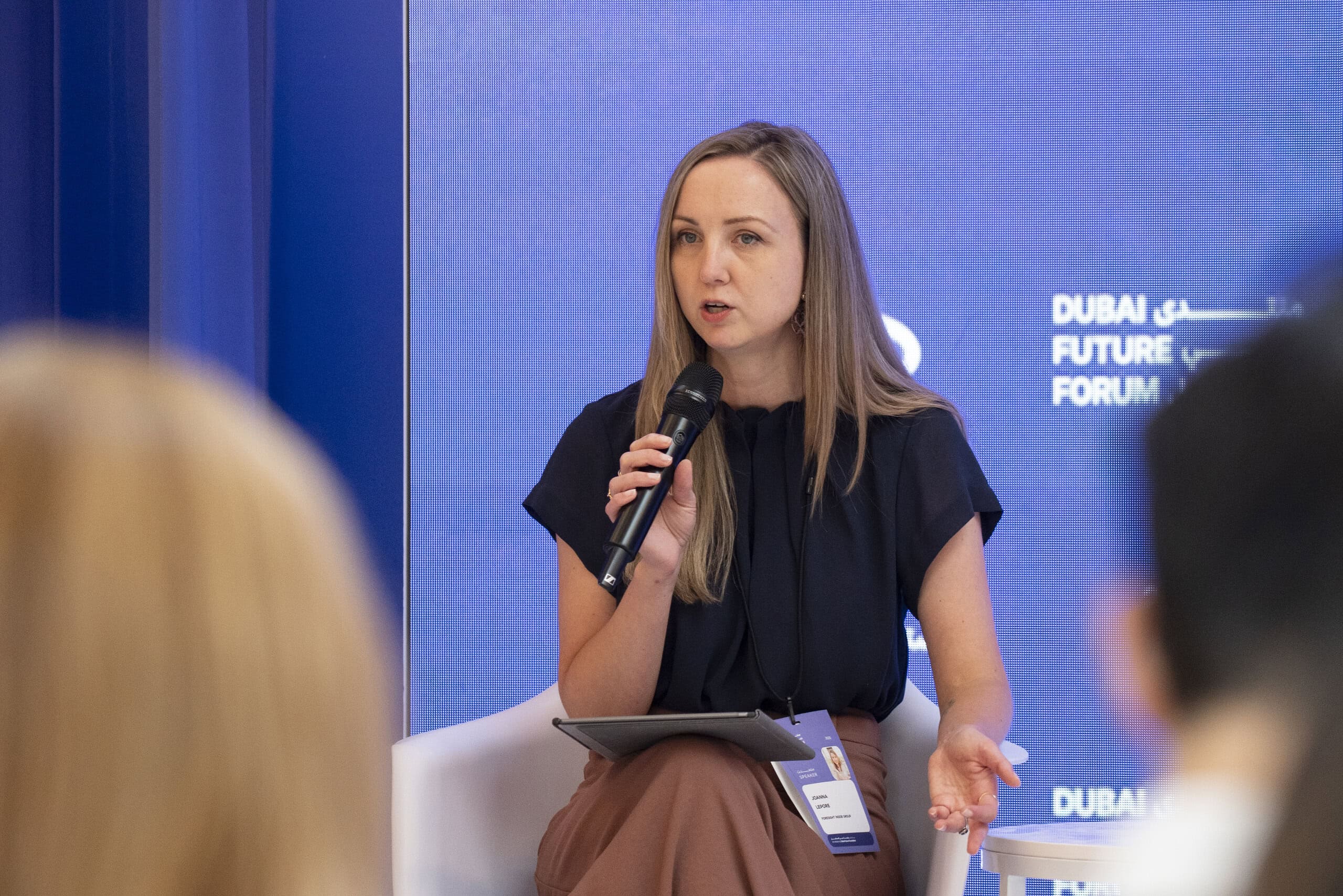 Jo Lepore speaking on a panel at Dubai Future Forum