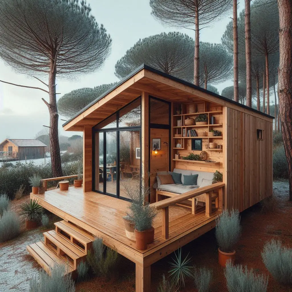 Módulo prefabricado de madera con terraza y grandes ventanales, rodeado de naturaleza, representando el turismo rural sostenible de Costa Oxígeno