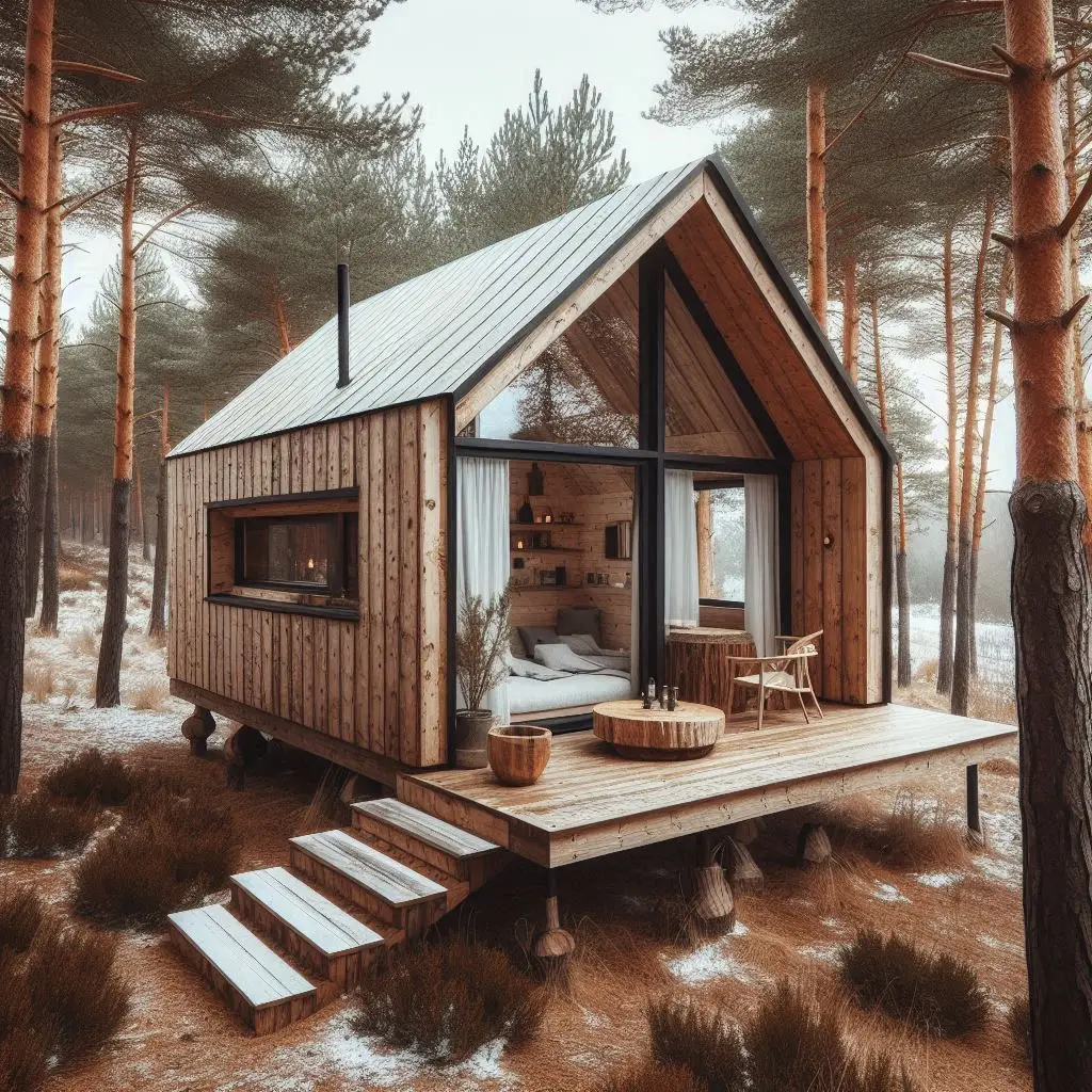 Alojamiento rural singular con baño completo, cocina y salón, construido con materiales sostenibles y ubicado en un entorno natural único