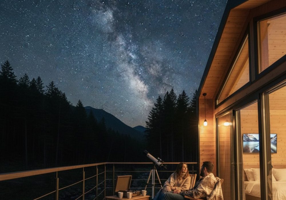 Pareja disfrutando de una escapada romántica en Costa Oxígeno, relajándose de noche en el alojamiento sostenible bajo un cielo estrellado.