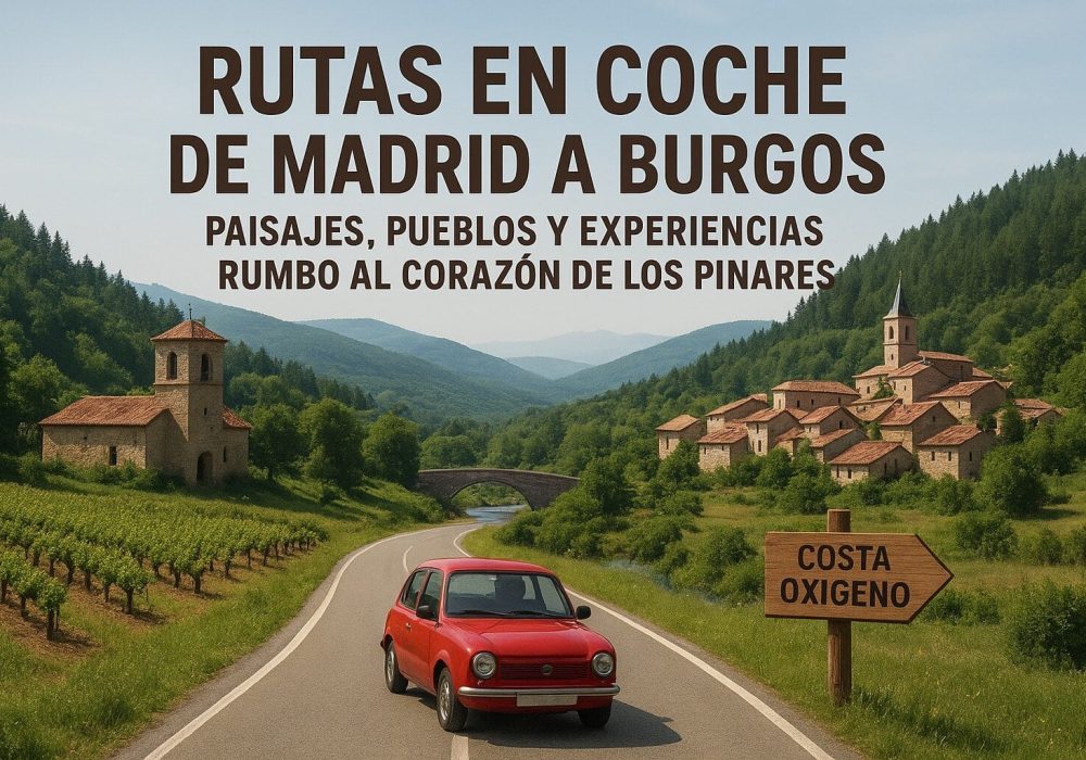 Carretera panorámica entre montañas y pueblos rurales, símbolo de las rutas en coche de Madrid a Burgos hacia Costa Oxígeno.