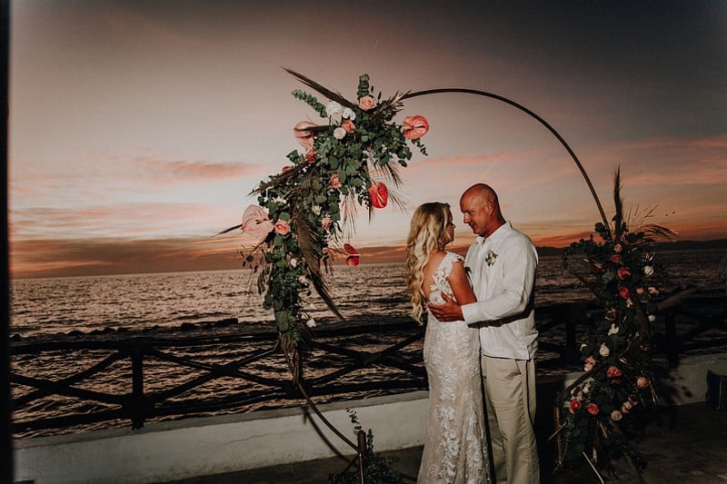 A beautiful wedding scene featuring a couple exchanging vows surrounded by flowers and guests, capturing a moment of love.