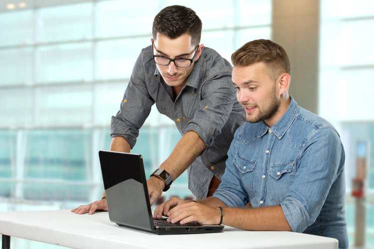 Two men collaborating on a laptop in a modern office setting.