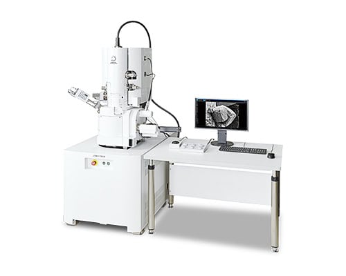 Scanning electron microscope components schematic showing electron source, lenses, detectors, and sample stage structure