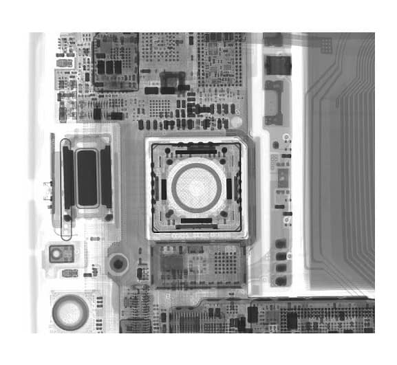 2D X-ray radiograph of a smartphone camera assembly and surrounding electronics with detailed imaging of camera module and PCB traces