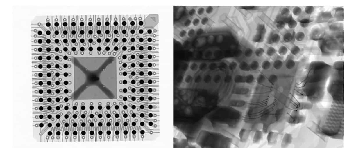 Composite 2D X-ray radiograph showing an unbonded BGA board and oblique view of wire-bonded device with PCB vias, solder balls, and copper traces