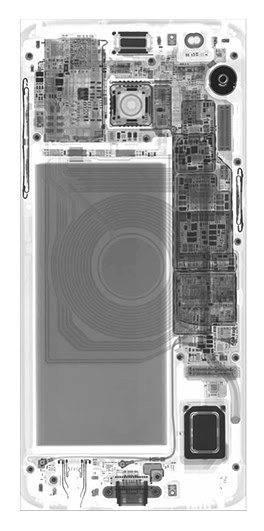 2D X-ray radiograph of a full conventional smartphone showing internal circuitry, components, and display layers