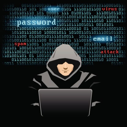 Cybersecurity threat with hacker in hoodie working on laptop.