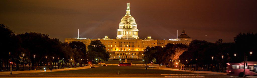 Night view of the Chicago Police Lieutenants Association building illuminated in Washington, D.C.