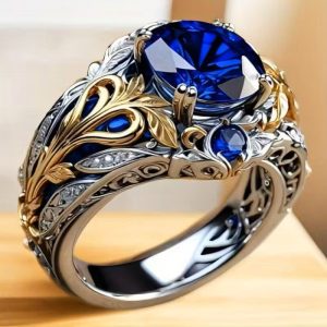 Vintage Style Two-Tone Ring with Artificial Sapphire – Silver Plated | Copper Base