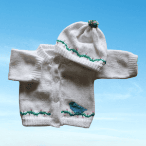 Blue Bird Baby Sweater, Personalized Knitted Infant Cardigan, Custom Shower Gift