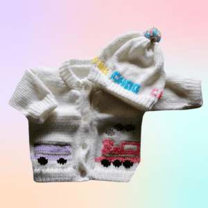 Pastel Train Baby Sweater, Personalized Knitted Infant Cardigan, Custom Shower Gift