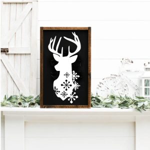 Christmas Deer Head with Snowflakes Framed Handmade Sign