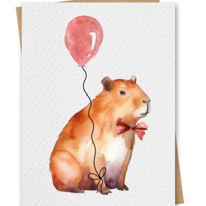 Watercolour Capybara With Red Balloon Birthday Card
