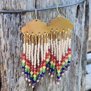 ​Golden Cloud Rainbow Fringe Earrings – Colorful Beaded Raindrop Dangles for Pride & Joy