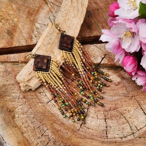 ​Handcrafted Boho Beaded Fringe Earrings with Laser-Engraved Wood Diamond Accents