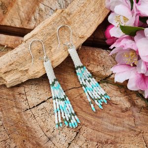 ​Boho Sage & Turquoise Seed Bead Fringe Earrings – Minimalist Handwoven Tassel Dangles