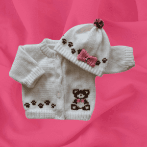 Teddy Bear Baby Sweater, Personalized Knitted Infant Cardigan, Custom Shower Gift