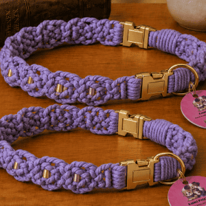 Lavender Macrame Dog Collar with Gold Hardware – 16.5 Inch
