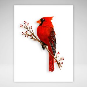 a white note card of a red cardinal perched on a branch with berries