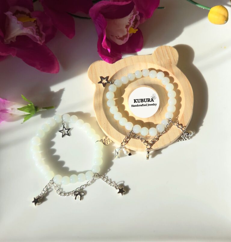 White Glass Beaded Matching Bracelets with Stainless Steel Dangles | Couple &amp; Bestie Set