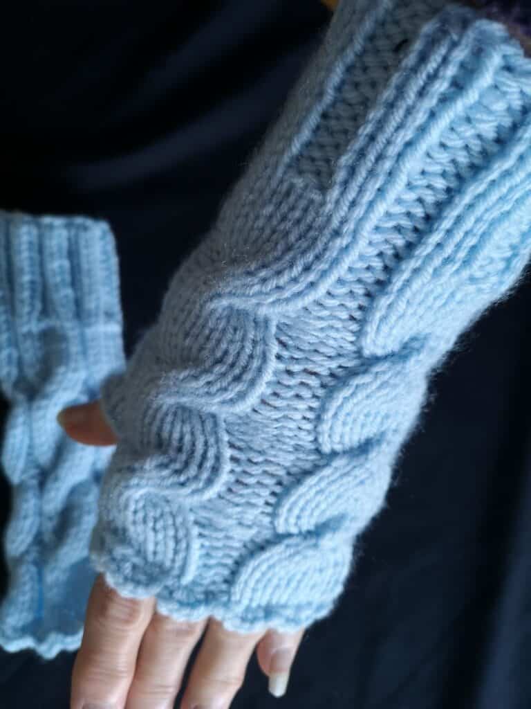 Hand Knit Twist Fingerless Gloves Mittens light blue