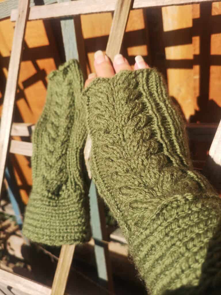 Green Knitted Fingerless Gloves Mittens Handmade
