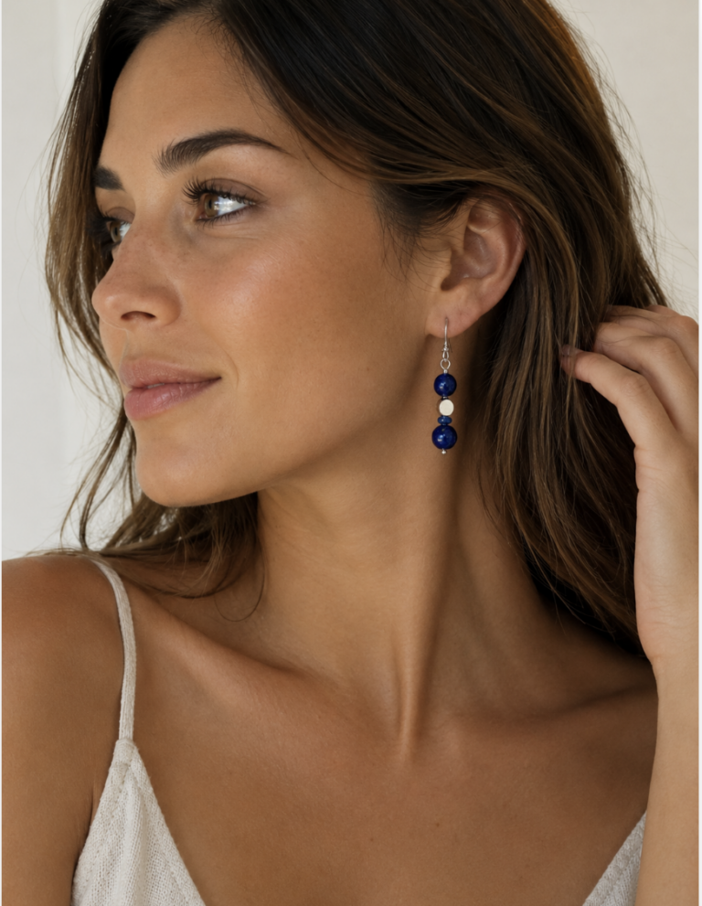 Handmade lapis lazuli earrings with sterling silver beads and sterling silver hooks.