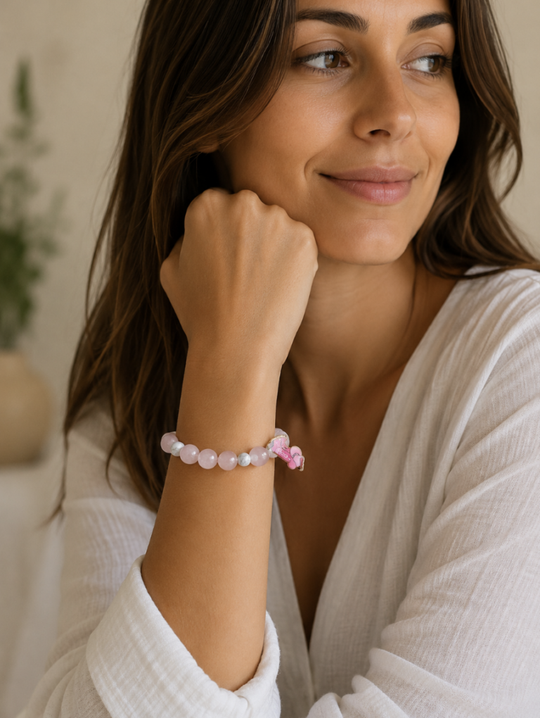 Rose Quartz & White Howlite Cowgirl Bracelet with Pink Cowboy Boots and Hat Charm