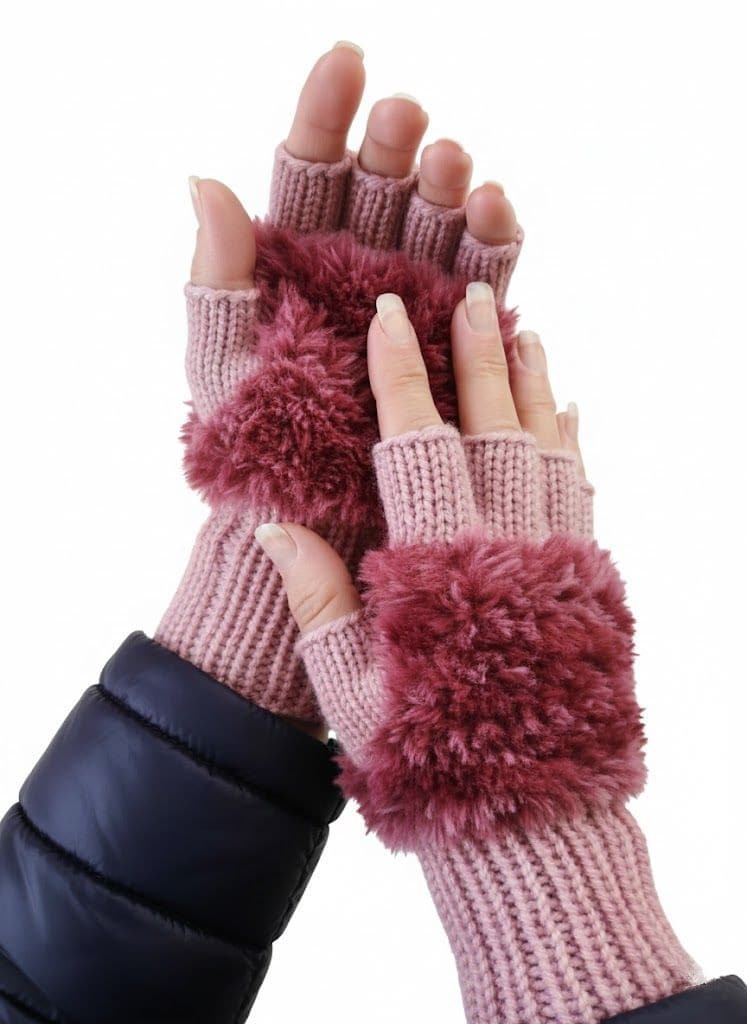 Rose Pink Handmade Knitted Fuzzy Plush Half Finger Texting Gloves