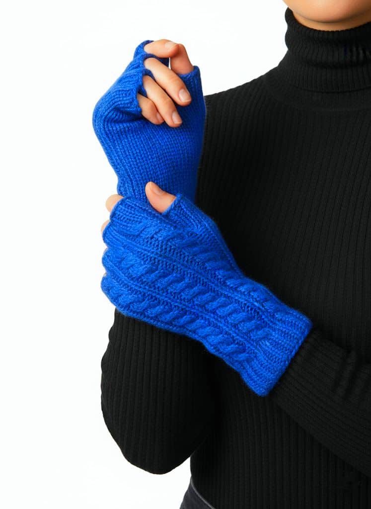 Royal Blue Twist Handknit Fingerless Gloves Mittens