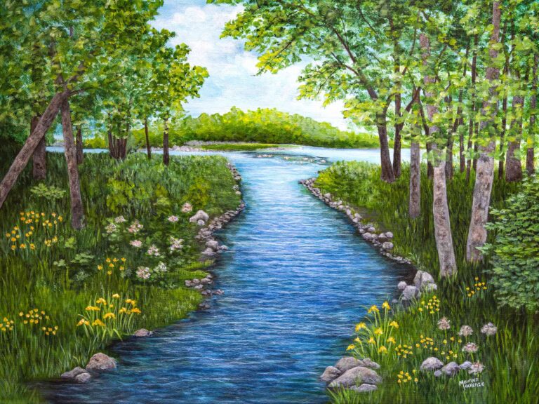 a print of a river surrounded but lush green trees and flowers
