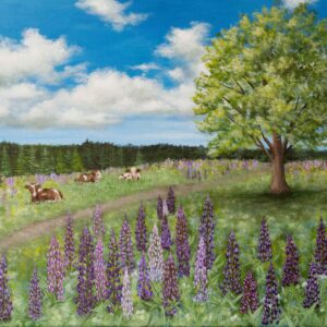 a print of 3 cows lying in a pasture surrounded by purple lupins with a nearby shade tree all under a blue sky with fluffy clouds