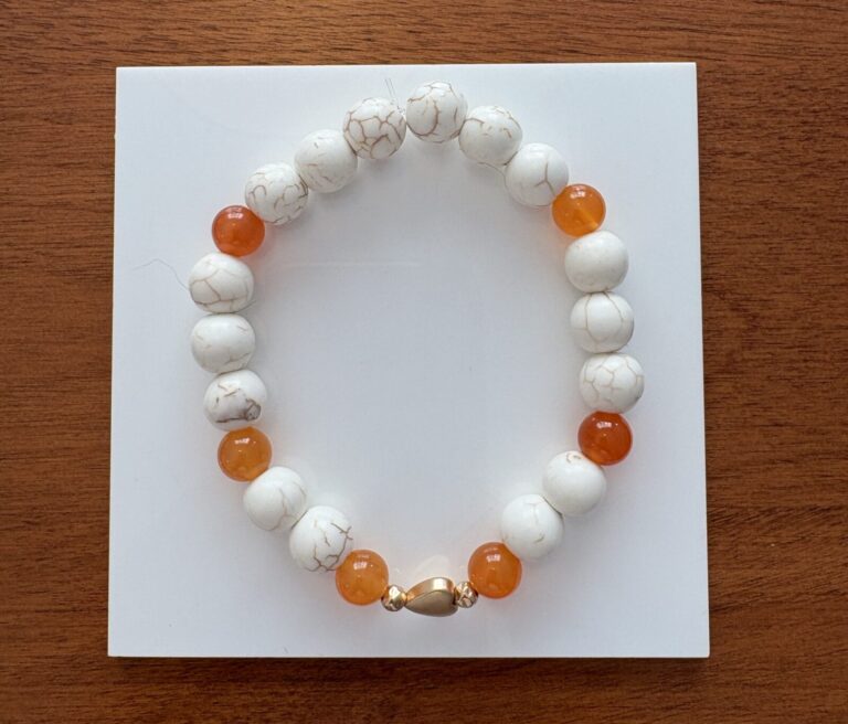 White Turquoise & Carnelian Bracelet with 14K Gold-Filled Hammered Beads and Golden Hematite Heart